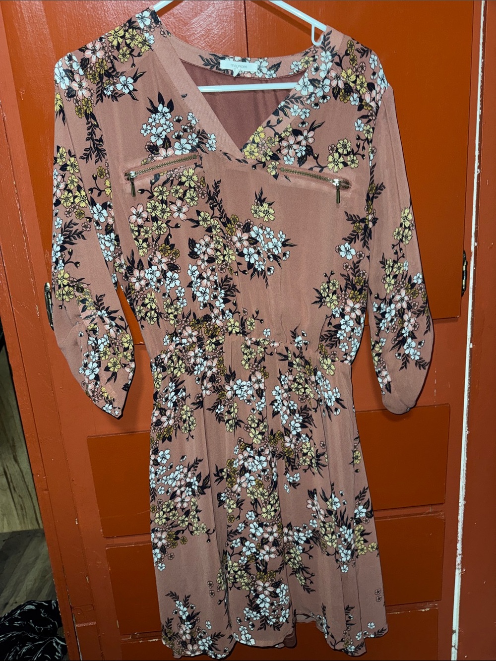 Maurices Rose Mauve Floral V-Neck Long Sleeve Dress